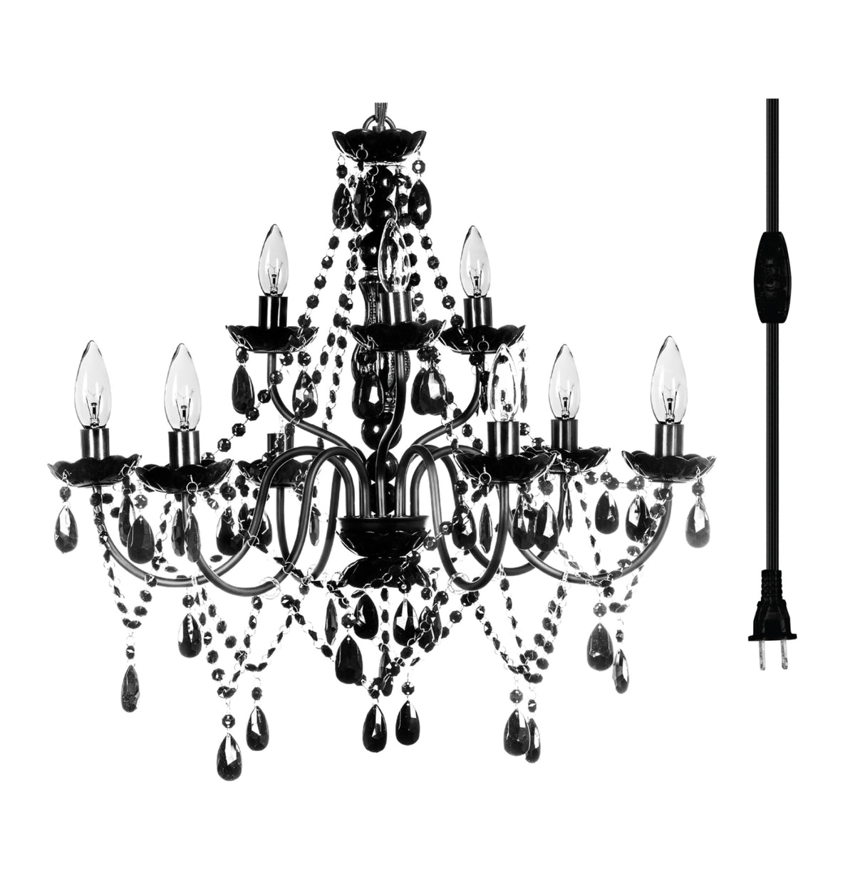 9 Light Crystal Black Chandelier *Plug-In