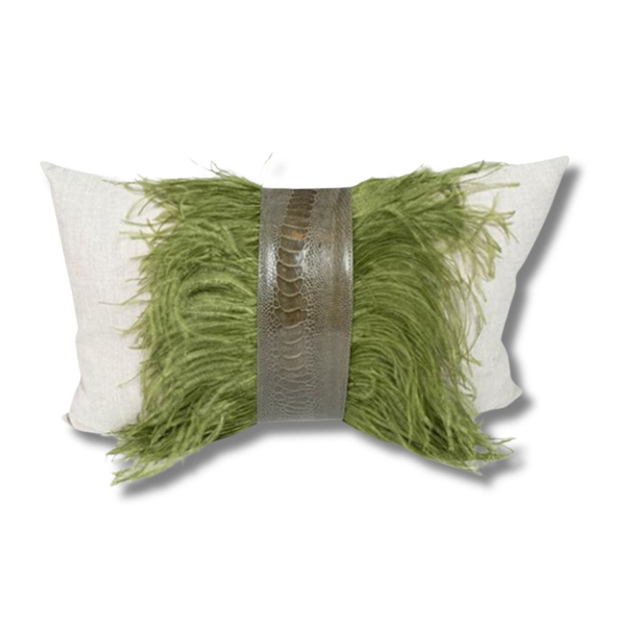 Solagne Ostrich Trim Linen Pillow Olive