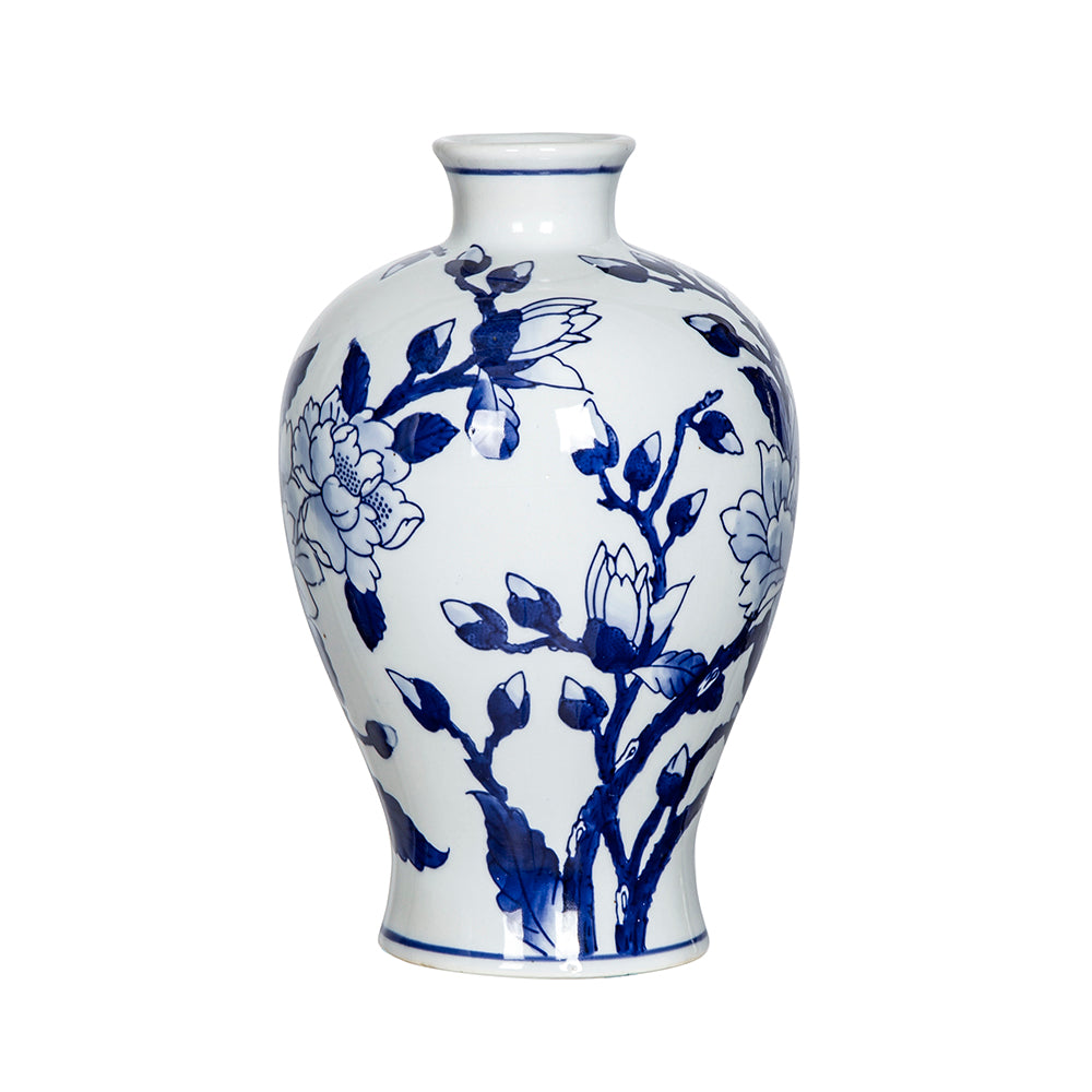 D6.5x10" Blue and White Magnolia Pattern Accent Vase