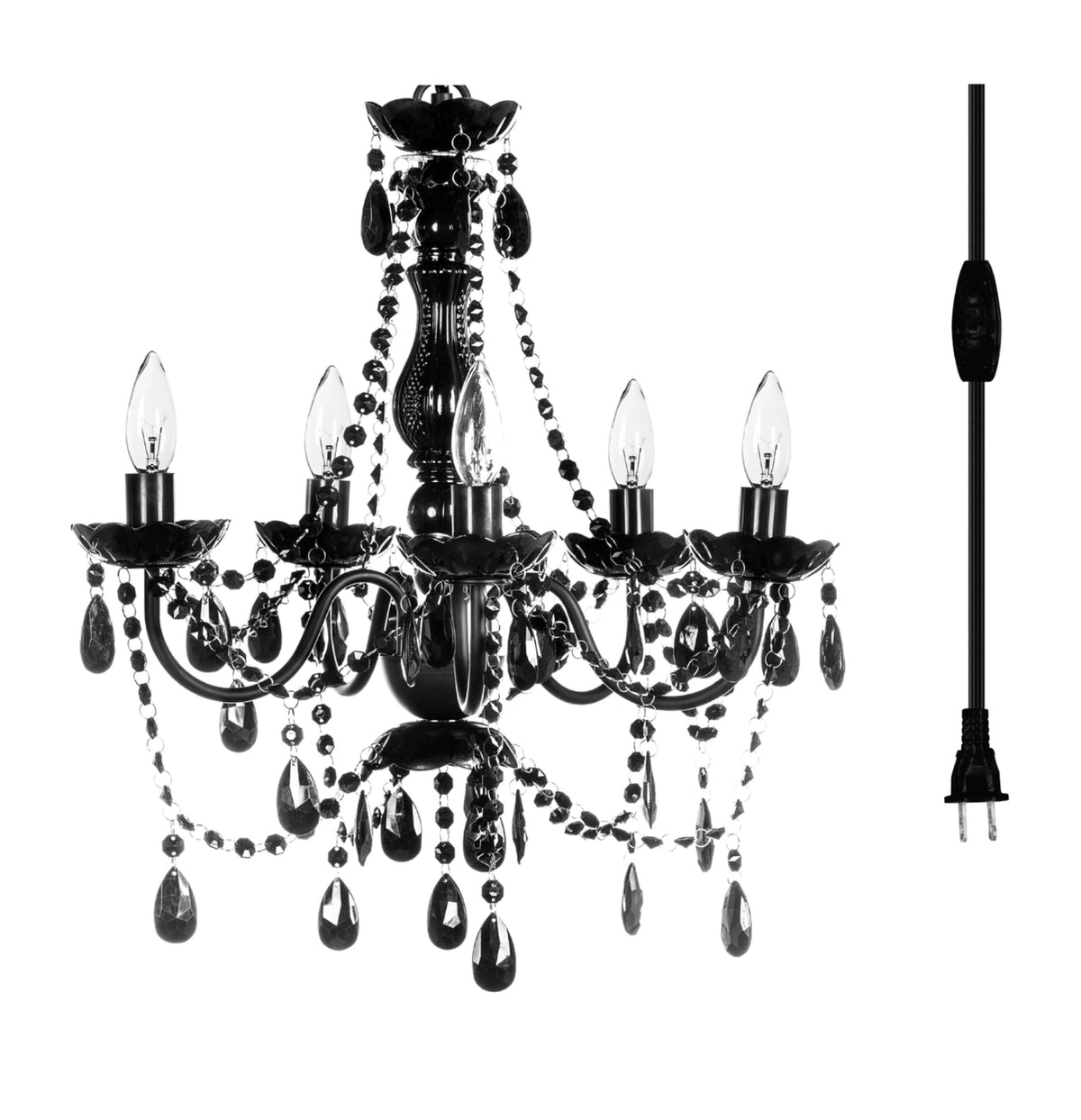 5 Light Crystal Black Chandelier *Plug-In