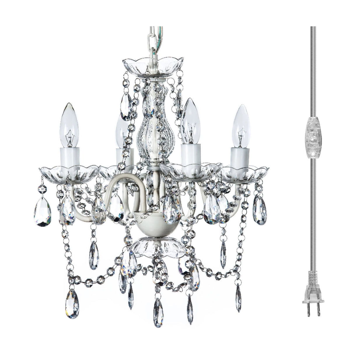 4 Light Crystal White Chandelier *Plug-In