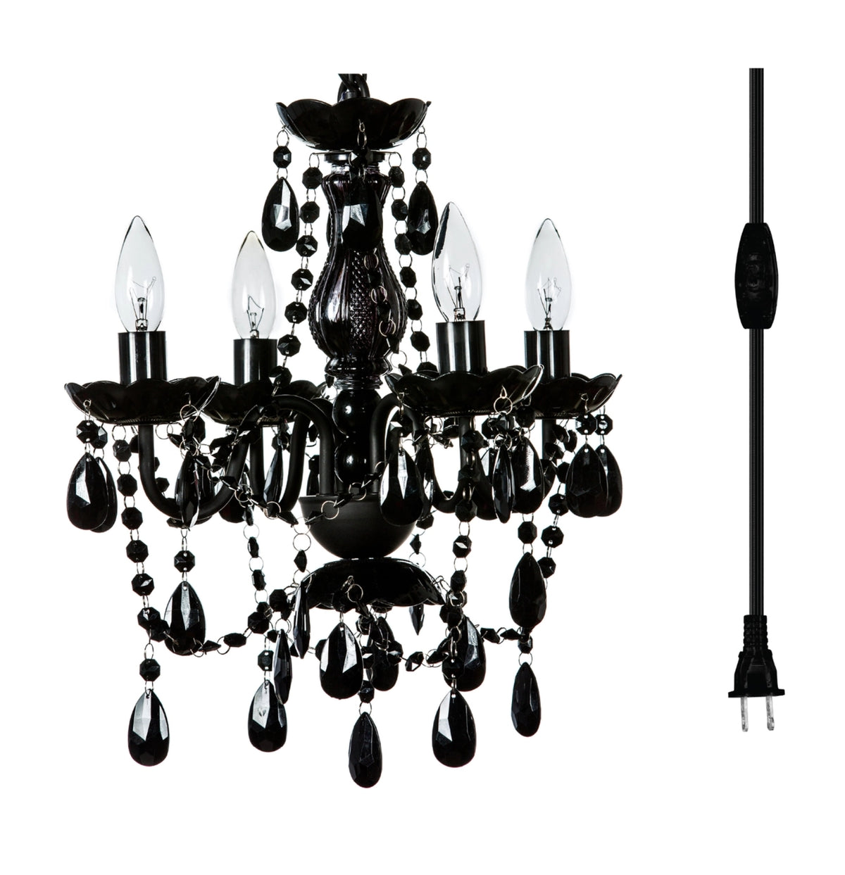 4 Light Crystal Black Chandelier *Plug-In