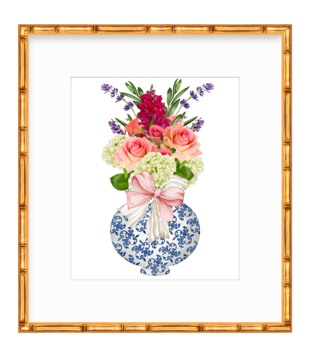 Gloria Print - Chinoiserie Vase w/ Purple Arrangement & Pink and Natural Bow