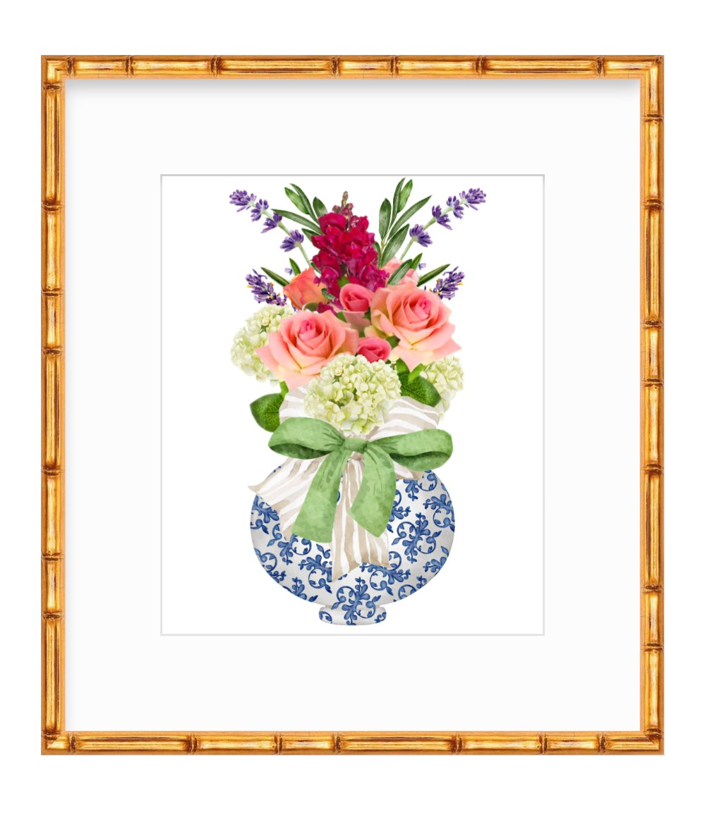 Coco Print - Chinoiserie Vase w/ Purple Arrangement & Green and Natural Bow