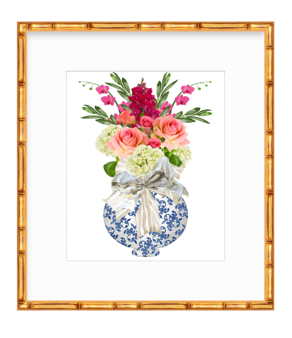 Nora Print - Chinoiserie Vase w/ Pink Arrangement and Animal Print & Natural Bows