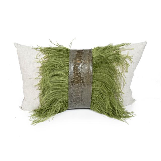 Ostrich Trim Linen Pillow Olive