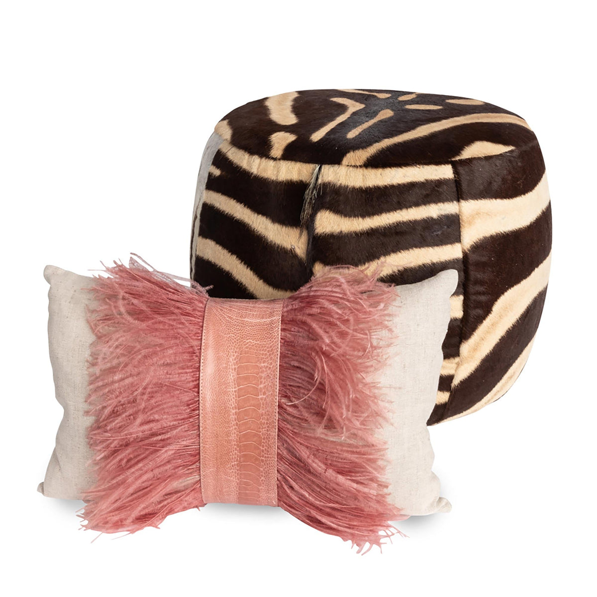 Ostrich Trim Linen Pillow Blush